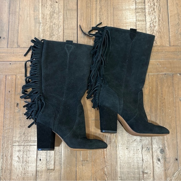 Nine West Black Suede Leather Fringe Mid Calf  Western Heel Pull On Boots Sz 7.5 - Picture 2 of 12
